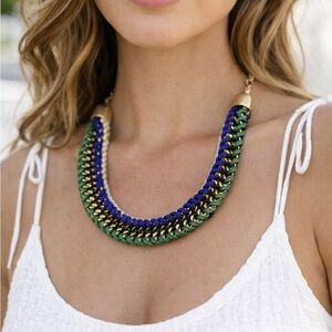 Blue Green Woven Chain Statement Necklace | Chunky Gold Collar | Preppy Resort